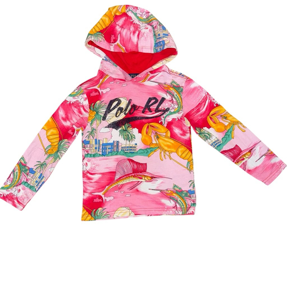 Polo Ralph Lauren hooded tee lobster beach printed pink preppy kids size 5 - Picture 1 of 4
